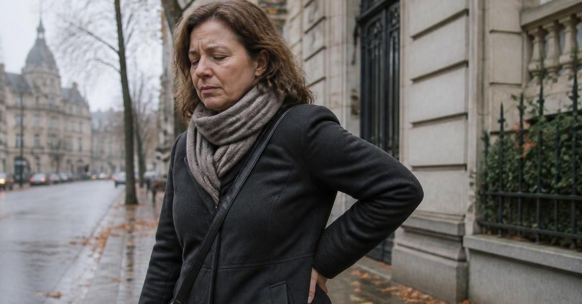 Woman in a winter coat on a damp Brussels street in autumn