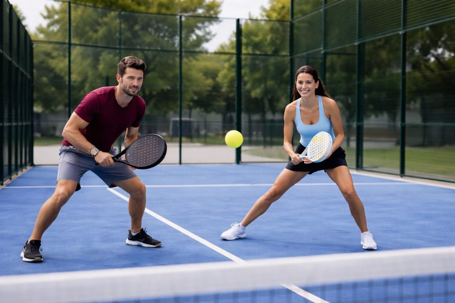 Two players in a rally on a Brussels padel court